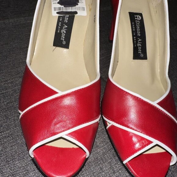Etienne Aigner Red/White Peep Toe Slip On Thick Block Heel Leather Size 8.5 M - Picture 4 of 16